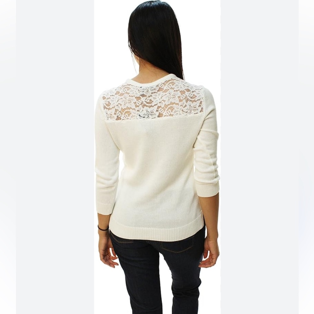 Lauren Ralph Lauren- Crew Neck Sweater with Lace Inset, Winter White, Size XL
